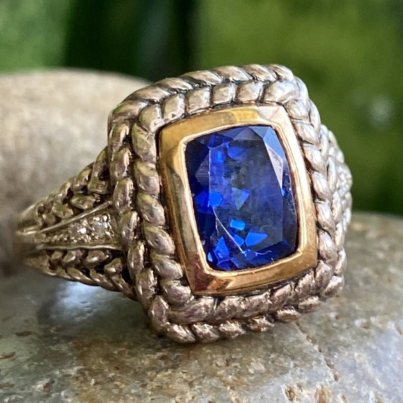 14k gold and sterling ring with diamonds blue stone